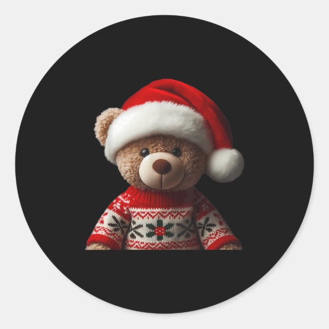 Teddy Bear With Santa Hat Christmas Xmas Lover Kid Classic Round Sticker (Front)