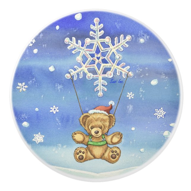 Teddy Bear with Snowflake Parachute Ceramic Knob (Front)