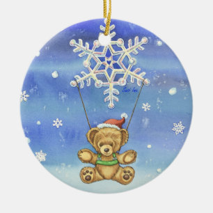 Teddy Bear with Snowflake Parachute Ceramic Ornament