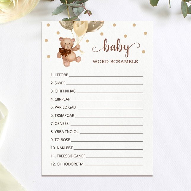 Teddy Bear Word Scramble Baby shower Carte de jeu (Créateur téléchargé)