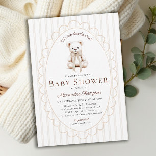 Teddy Bearly Wait Neutral Stripes Bow Baby Shower Invitation