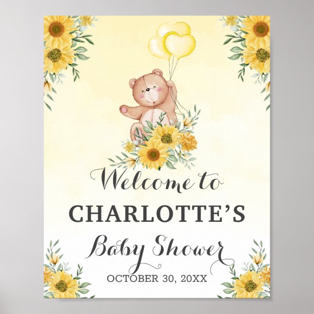 Teddy Bearly Wait Sunflower Greenery Baby Shower Poster (Front)