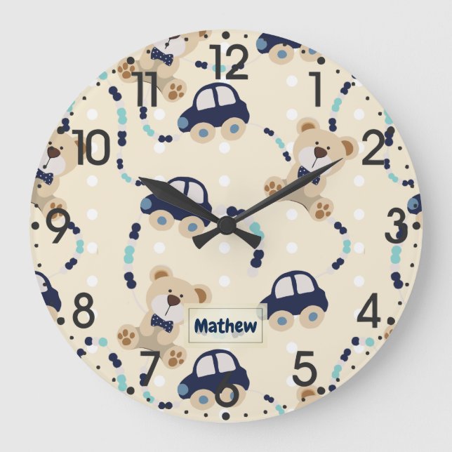 Teddy Bears and Cars Baby Boy Pattern Large Clock (Front)
