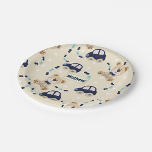 Teddy Bears and Cars Baby Boy Pattern Paper Plate