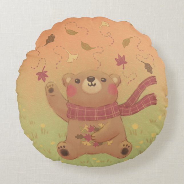 Teddy Bear's Autumn Fall Leaves Round Pillow (Front)