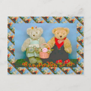 Teddy bears, bearly gardening couple postcard