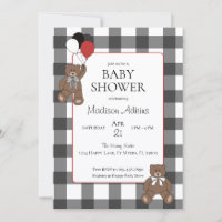 Teddy Bears Black White Buffalo Check Baby Shower