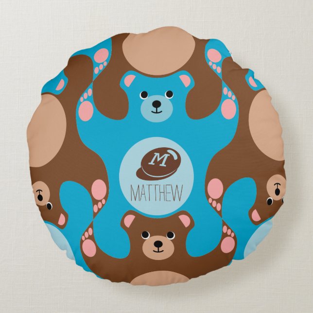 Teddy Bears blue brown Monogram Kid Round Pillow (Back)
