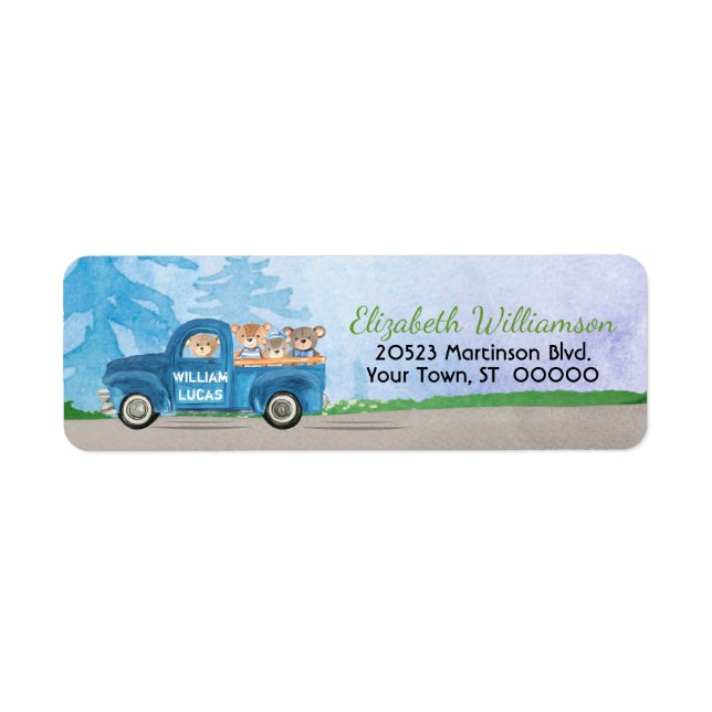 Teddy Bears Blue Truck Green Baby Boy Label (Front)