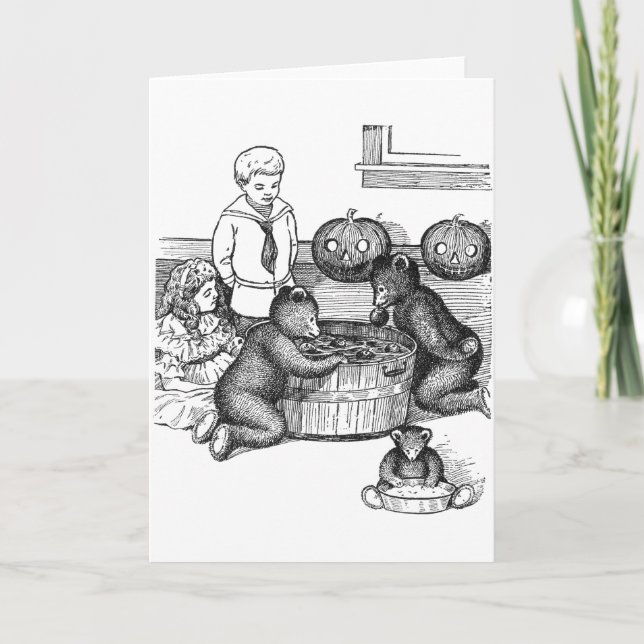 Teddy Bears Bobbing for Apples on Halloween Card (Front)