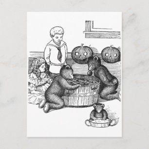 Teddy Bears Bobbing for Apples on Halloween Postcard