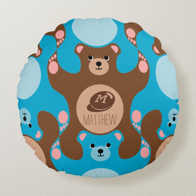 Teddy Bears brown blue Monogram Kid Round Pillow (Front)