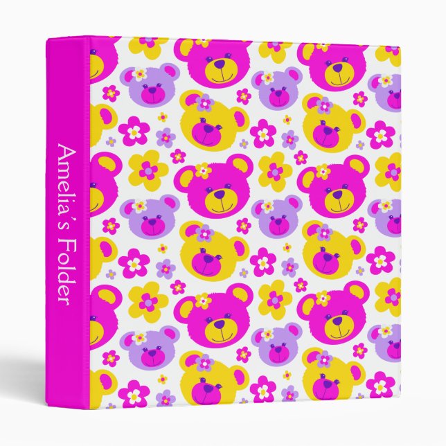 Teddy bears flowers yellow pink name folder binder (Front/Spine)