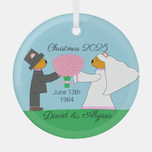 Teddy Bears Getting Married:  Glass Ornament