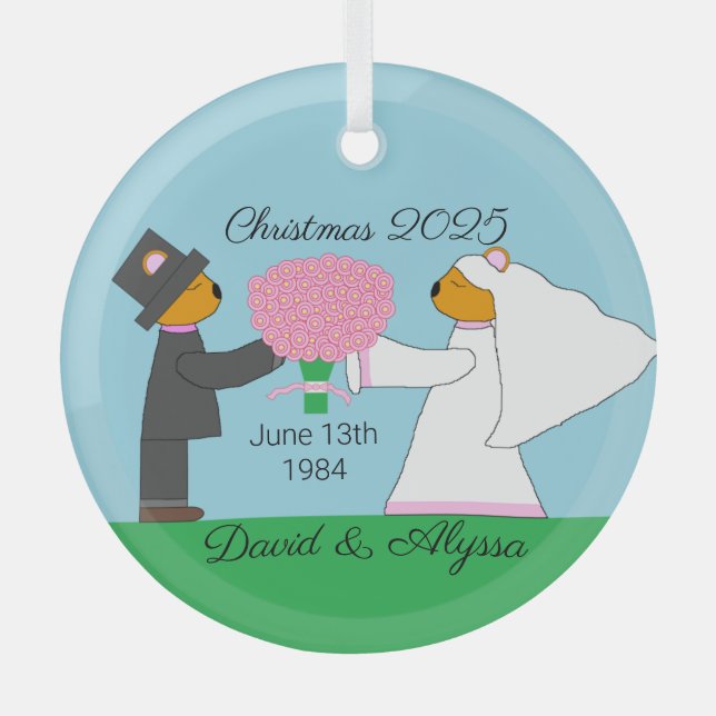Teddy Bears Getting Married:  Glass Ornament (Front)