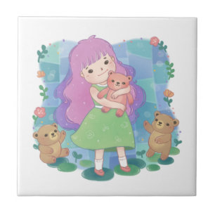 Teddy Bears & Girl Illustration Tile