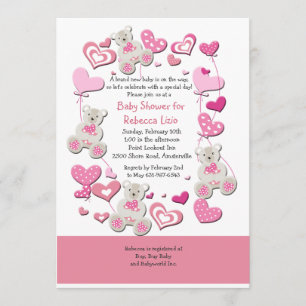 Teddy Bears & Heart Balloons Pink Invitation