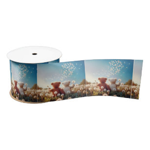 Teddy Bears In a Dandelion Field Satin Ribbon