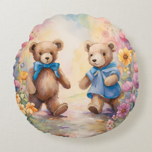 Teddy bears In a Pastel Garden Round Pillow