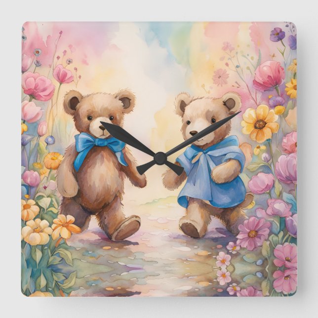 Teddy bears  In a Pastel Garden Square Wall Clock (Front)