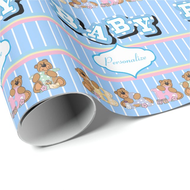 Teddy Bears 🐻 in Blue  | Personalize Wrapping Paper (Roll Corner)