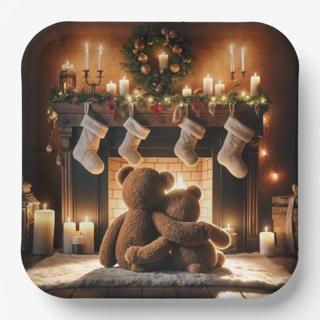 Teddy Bears In Front Of A Christmas Fireplace Paper Plate (Front)