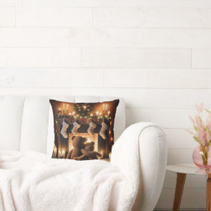 Teddy Bears In Front Of A Christmas Fireplace Throw Pillow