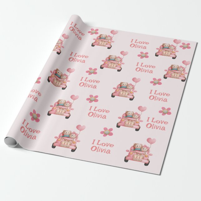 Teddy Bears in Love Driving A Car - Personalized W Wrapping Paper (Unrolled)