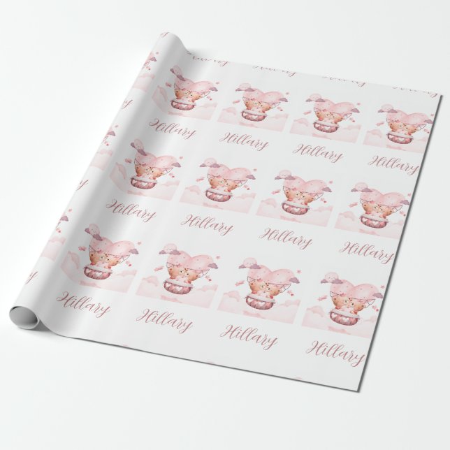 Teddy Bears In Pink Cloud Personalized With Name Wrapping Paper (Unrolled)
