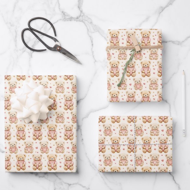 Teddy Bears in Pink Sweaters Wrapping Paper Sheet (Front)