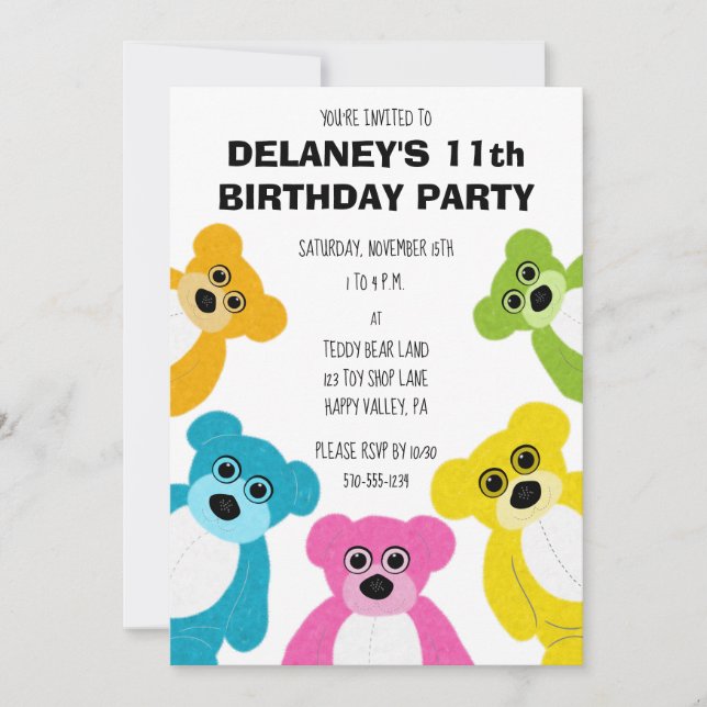 Teddy Bears in Rainbow Colours Cute Kids Party Invitation (Front)