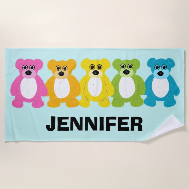 Teddy Bears in Rainbow Colours Personalized Beach Towel (Front)