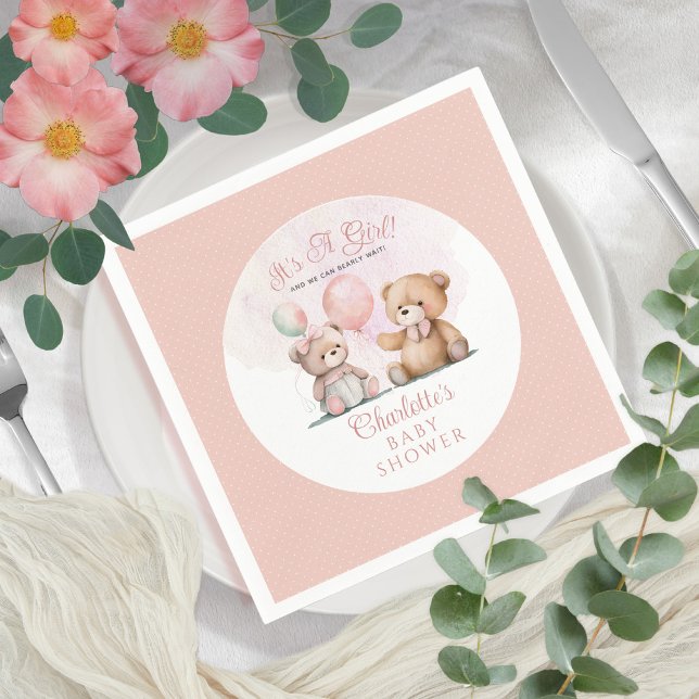 Teddy Bears It's A Girl Bearly Wait Baby Shower Napkin (Creator Uploaded)