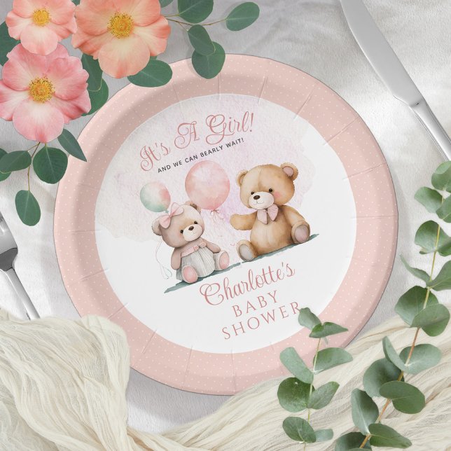 Teddy Bears It's A Girl Bearly Wait Baby Shower Paper Plate (Creator Uploaded)