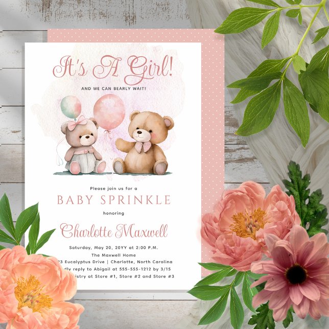 Teddy Bears It's A Girl Bearly Wait Baby Sprinkle Invitation (Creator Uploaded)