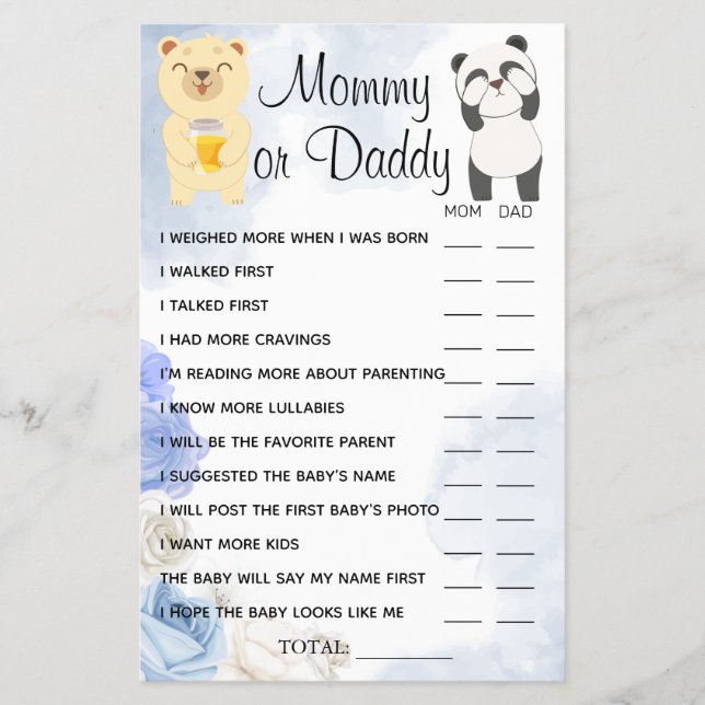 Teddy Bears Mommy or Daddy Shower game card (Front)