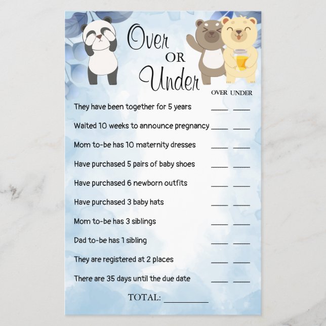 Teddy Bears Over or Under Baby shower game card (Front)