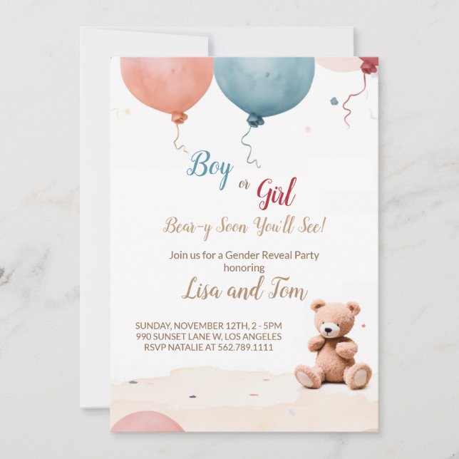 Teddy Bear's Party: Gender Reveal Invitation (Front)