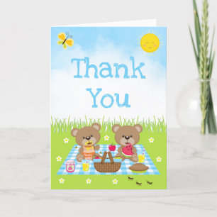 Teddy Bears Picnic Birthday Blue Gingham Thank You Card