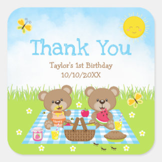 Teddy Bears Picnic Birthday Blue Gingham Thank You Square Sticker