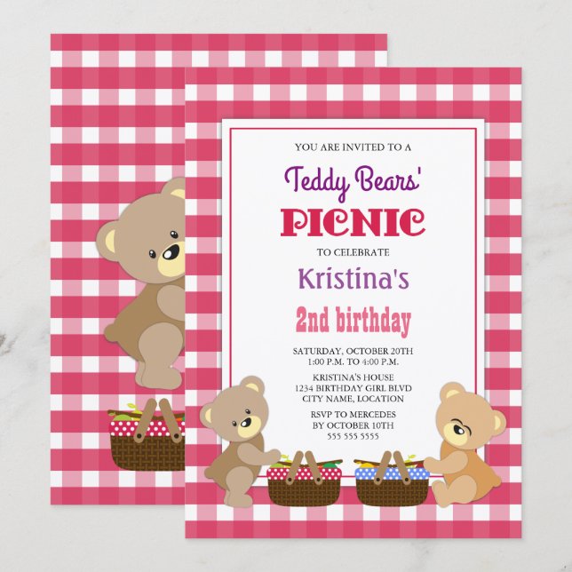 Teddy Bears' Picnic Birthday Party Invitation (Front/Back)