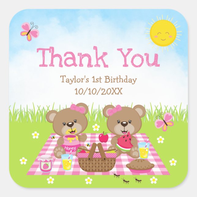 Teddy Bears Picnic Birthday Pink Gingham Thank You Square Sticker (Front)