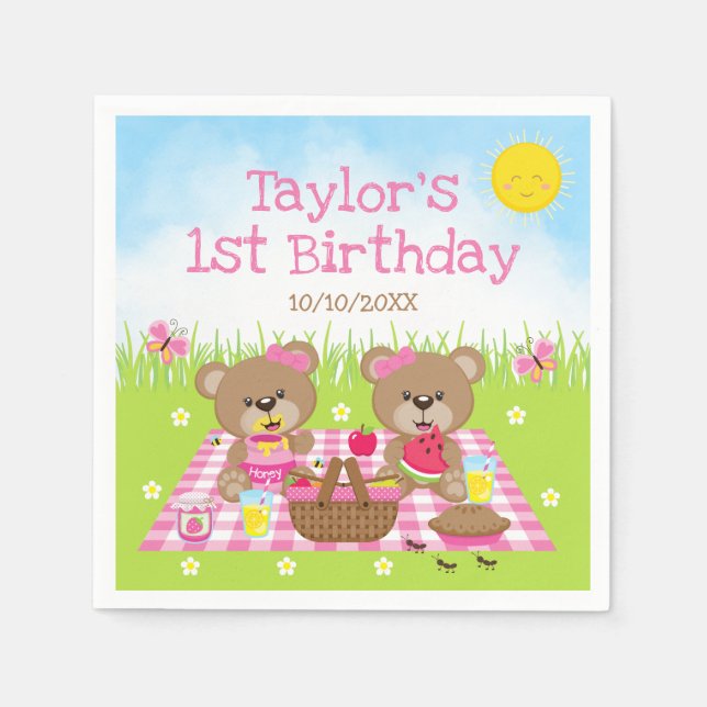Teddy Bears Picnic Pink Gingham Birthday Party Napkin (Front)