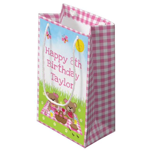 Teddy Bears Picnic Pink Gingham Happy Birthday Small Gift Bag (Front Angled)