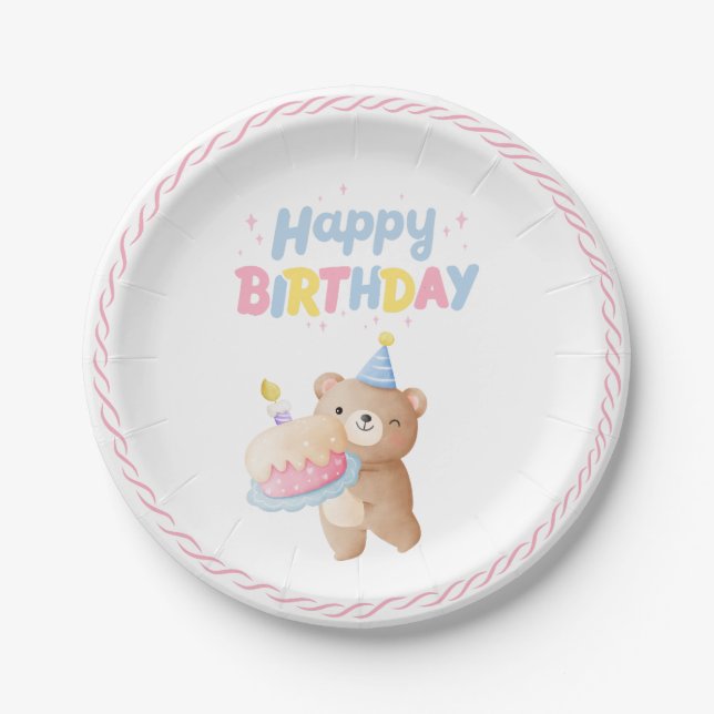 Teddy Bear's Pink Pastel Happy Birthday Party Paper Plate (Front)