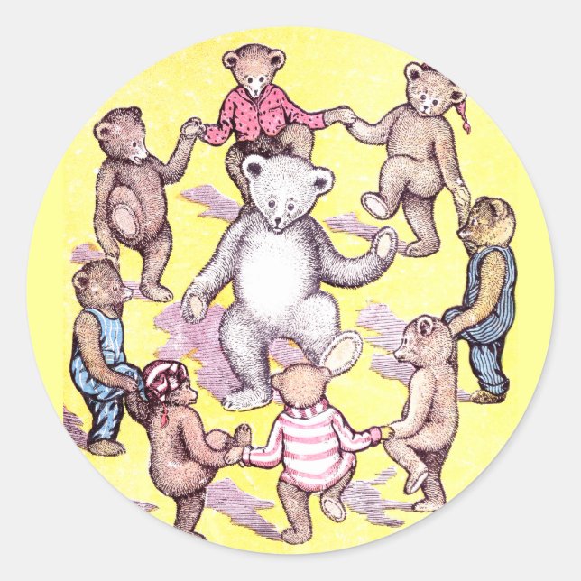 Teddy Bears Play Ring Around the Rosie Classic Round Sticker (Front)