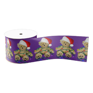 Teddy Bears Tangled In Christmas Lights On Purple Grosgrain Ribbon