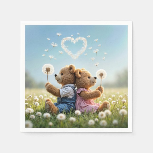 Teddy Bears With Dandelion Heart Napkin (Front)