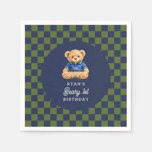 Teddy Beary 1st Birthday Checkboard Paper Napkin
