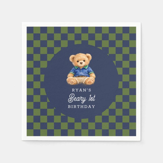 Teddy Beary 1st Birthday Checkboard Paper Napkin (Front)